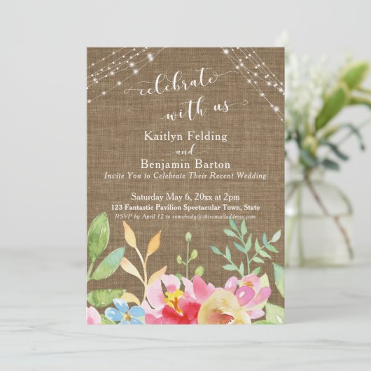Invitation Célébrez avec nous, Burlap, Fleurs & Lumières (Debout devant)