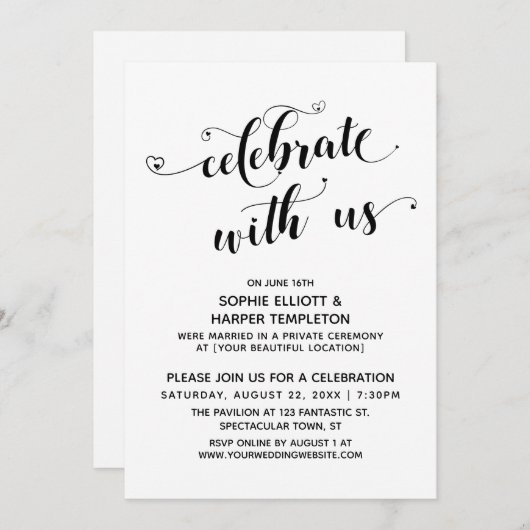 Invitation Célébrez Avec Nous Coeurs Calligraphie Réception (Devant / Derrière)