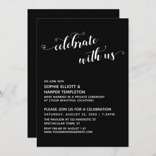 Invitation Célébrez avec nous Coeurs Script Black Réception (Devant / Derrière)