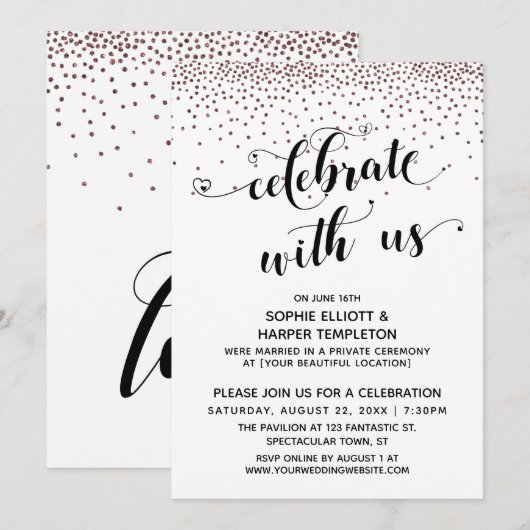 Invitation Célébrez avec Nous Écriture Confettis Rose Gold (Devant / Derrière)