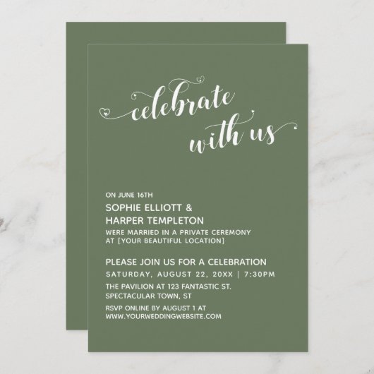 Invitation Célébrez avec Nous Écriture de coeurs Réception ol (Devant / Derrière)