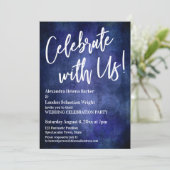Invitation Célébrez Avec Nous ! Écriture Manuscrite Bleu Fonc (Debout devant)