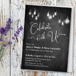 Invitation Célébrez avec nous Edison Lights Chalkboard événem<br><div class="desc">Cette carte de réception de mariage élégante et rustique présente un graphique arrière - plan en damier texturé surmonté d'images représentant des lumières Edison vintages en niveaux de gris. J'ai utilisé une police de caractères élaborée et moderne pour rendre des graphiques représentant les mots "Célébrez avec nous" sur le devant...</div>