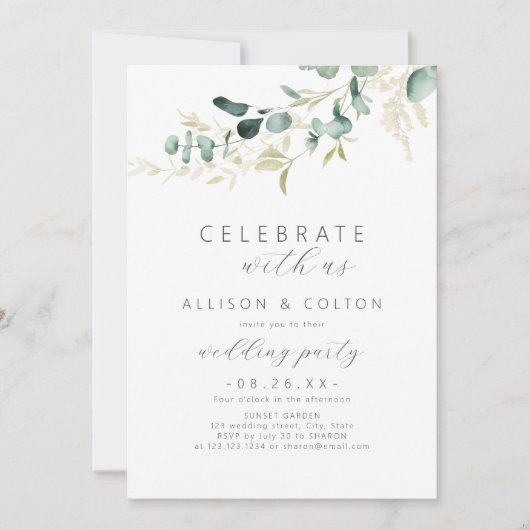 Invitation Célébrez avec nous! eucalyptus rustique boho vert (Devant)