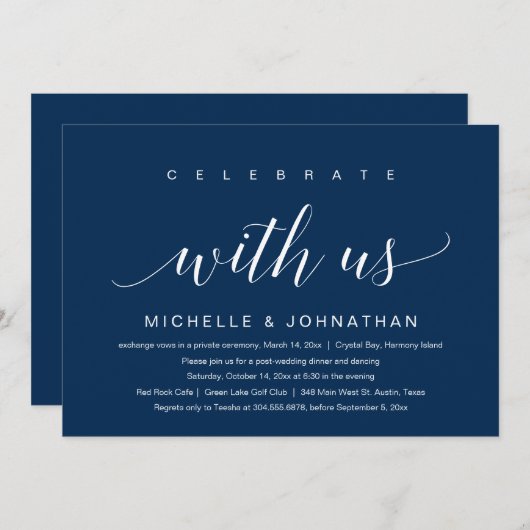 Invitation Célébrez avec nous, Mariage Intime, Bleu Nuit (Devant / Derrière)