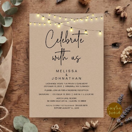 Invitation Célébrez avec nous, mariage rustique et fuguitive