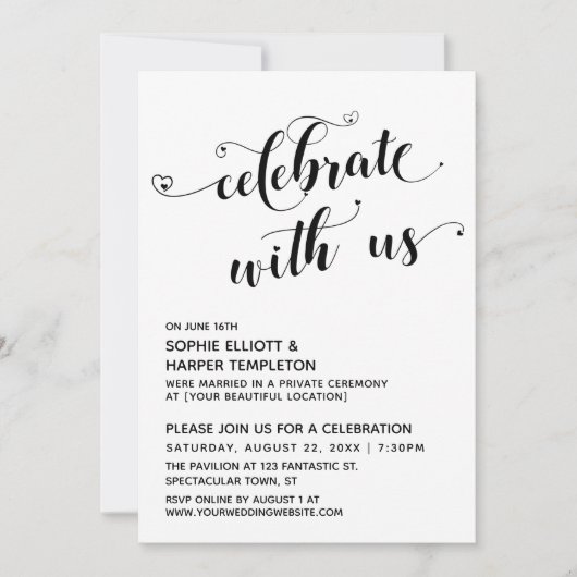 Invitation Célébrez avec nous Réception Cœurs Noir & Blanc (Devant)