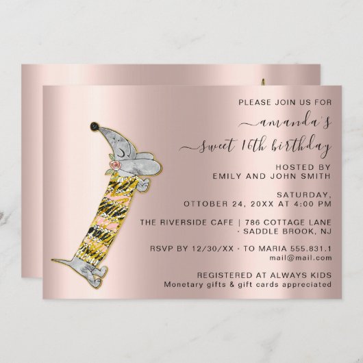 Invitation Célébrez en style avec Rose mignon chien Sweet 16e (Devant / Derrière)