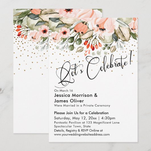 Invitation Célébrons ! Faux Confettis Dorés à Motifs Floraux  (Devant / Derrière)