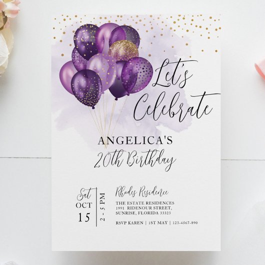 Invitation Célébrons l'anniversaire des ballons d'or violet