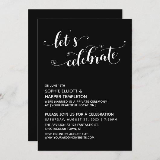 Invitation Célébrons les coeurs Script Black Reception (Devant / Derrière)
