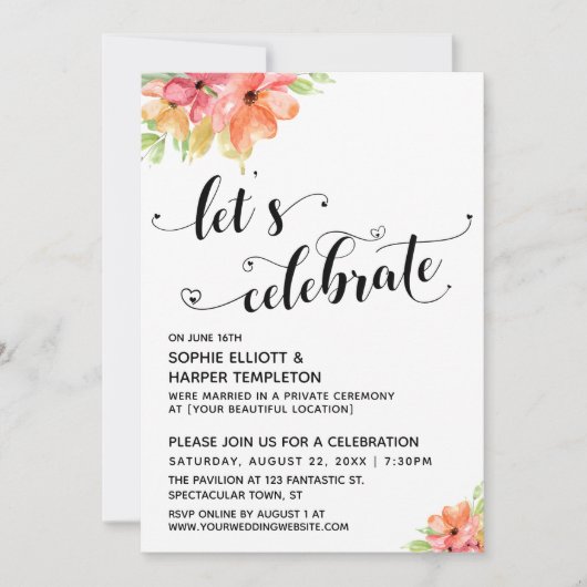 Invitation Célébrons les cœurs Script Florals Réception (Devant)