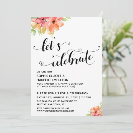 Invitation Célébrons les cœurs Script Florals Réception (Debout devant)