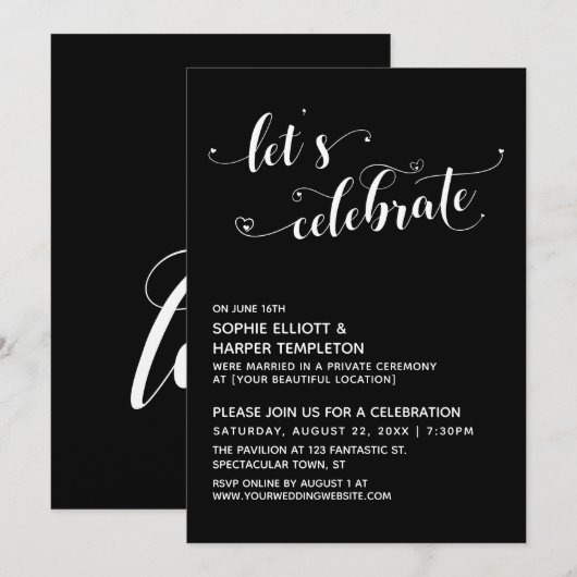 Invitation Célébrons les cœurs Script Réception Noir (Devant / Derrière)