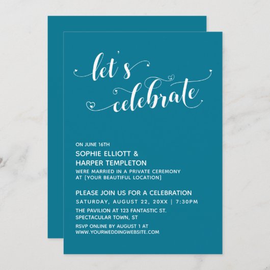 Invitation Célébrons les coeurs Script Réception Turquoise (Devant / Derrière)