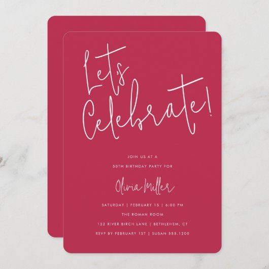 Invitation Célébrons Script Magenta Anniversaire (Devant / Derrière)