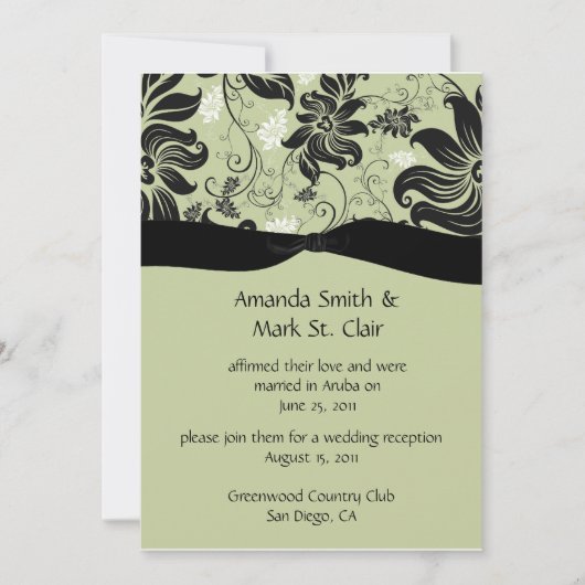 Invitation Céleri Vert et Floral Noir Tourbillons de Mariage (Devant)