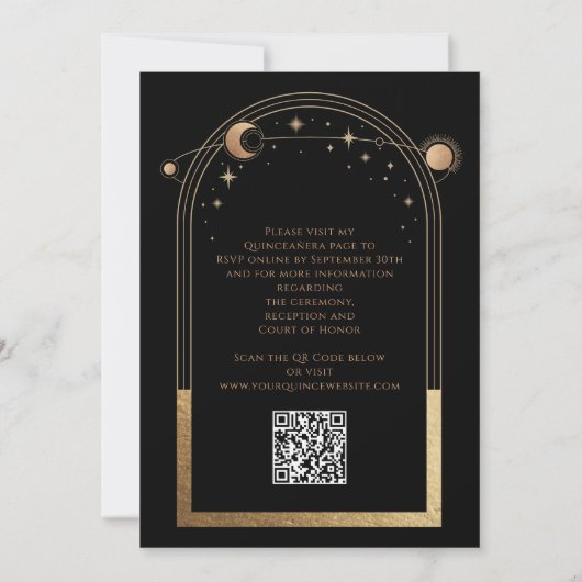Invitation Céleste Black Gold QR Code Quinceañera (Dos)
