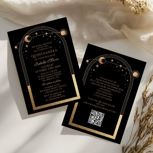 Invitation Céleste Black Gold QR Code Quinceañera
