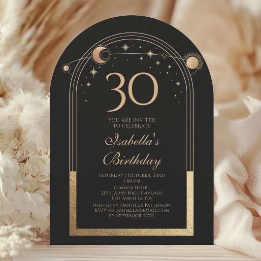 Invitation Céleste Black Gold Sun Moon Stars 30e anniversaire