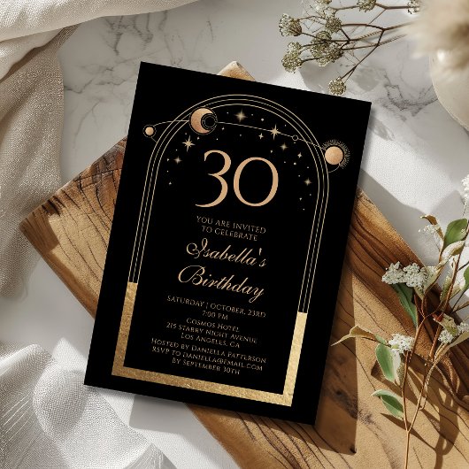 Invitation Céleste Black Gold Sun Moon Stars 30e anniversaire