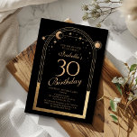 Invitation Céleste Black Gold Sun Moon Stars 30e anniversaire<br><div class="desc">Celestial Black Gold Sun Moon Astronomy 30th Birthday Invitations dispose d'un élégant soleil doré, lune et étoiles avec un cadre doré sur un arrière - plan noir. A l'intérieur, vous avez vos informations d'invitation personnalisées pour le trentième anniversaire. Personnalisez en modifiant le texte dans les zones de texte. Conçu pour...</div>