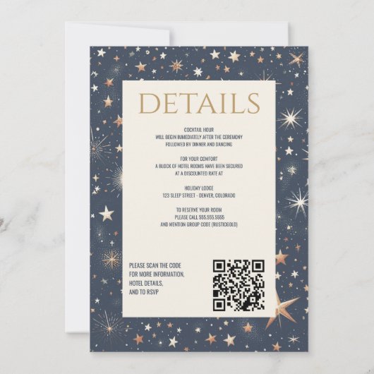 Invitation Céleste bleu et or avec Mariage de code QR (Dos)