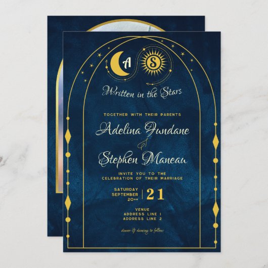 Invitation Céleste Bleu Lune Or Soleil Monogramme RSVP QR Cod (Devant / Derrière)
