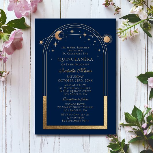 Invitation Céleste Bleu Or Soleil Lune Étoiles Quinceañera