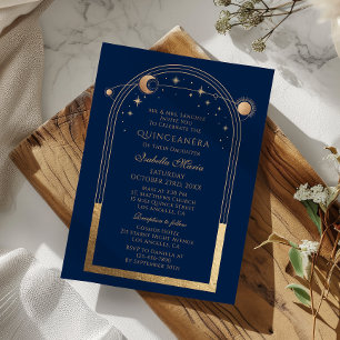 Invitation Céleste Bleu Or Soleil Lune Étoiles Quinceañera
