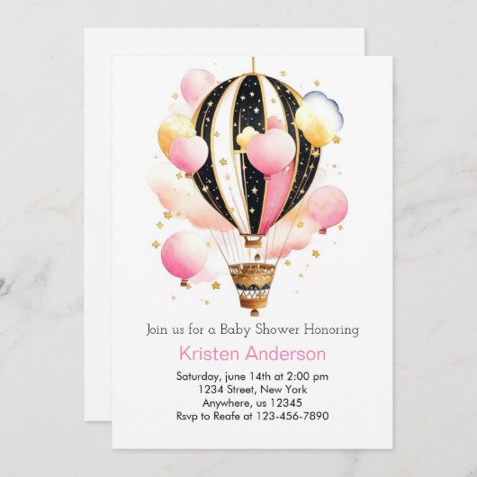 Invitation Céleste Boho Balloon Aventure Baby shower fille (Devant / Derrière)
