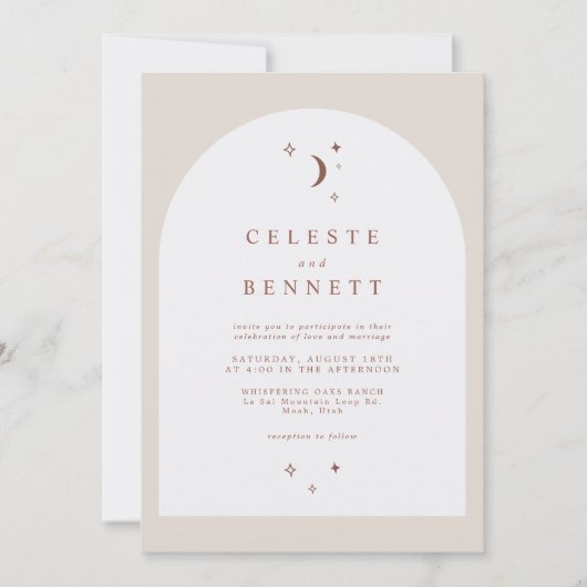 Invitation CELESTE Boho Moon & Etoiles Mariage d'arc en terre (Devant)