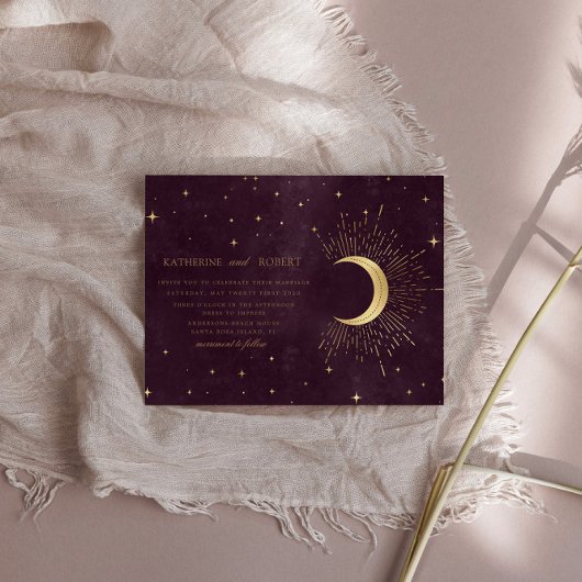 Invitation Céleste Bourgogne Or Lune Et Étoiles Mariage