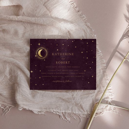 Invitation Céleste Bourgogne Or Lune Et Étoiles Mariage