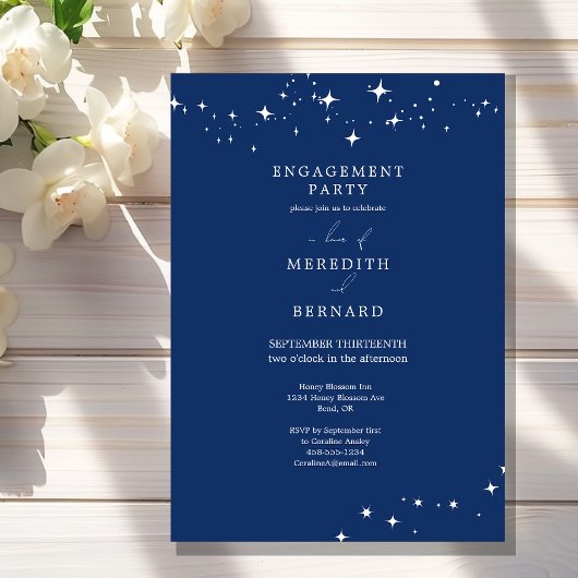 Invitation Céleste Élégant Fiançailles Navy Blue