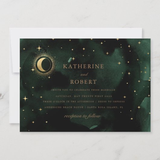 Invitation Céleste Emerald Gold Crescent Moon Mariage (Devant)