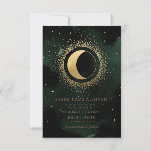 Invitation Céleste Emerald Gold Moon Photo Enregistrer La Dat (Devant)