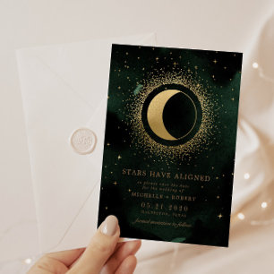 Invitation Céleste Emerald Gold Moon Photo Enregistrer La Dat