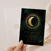Invitation Céleste Emerald Gold Moon Photo Enregistrer La Dat