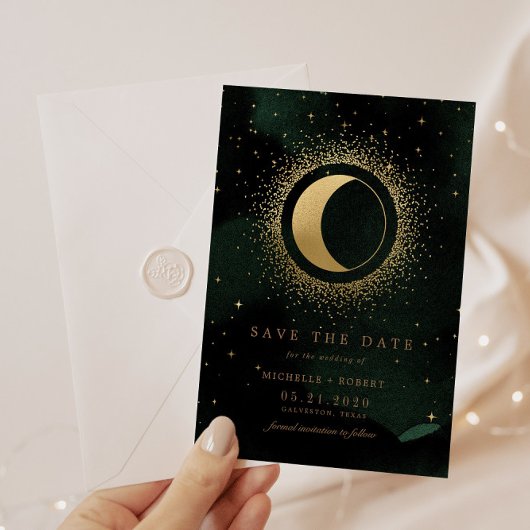 Invitation Céleste Emerald Gold Moon Photo Enregistrer La Dat
