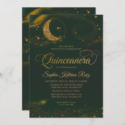 Invitation Céleste émeraude vert or étoile Lune Quinceanera (Devant / Derrière)