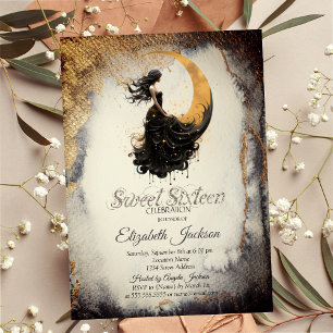 Invitation Céleste Fille de la Lune Aquarelle Or Douze Ans