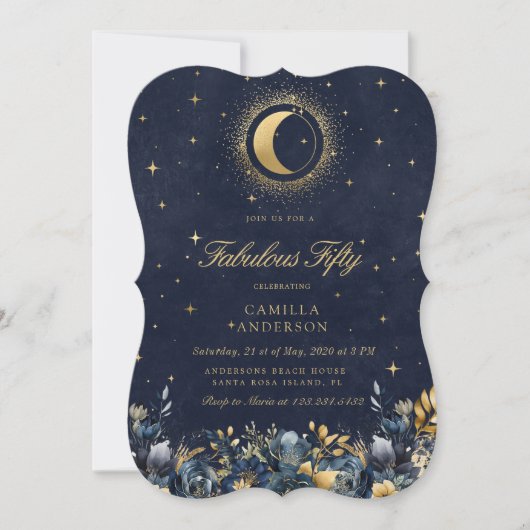Invitation Céleste Floral Blue Stars Lune Anniversaire (Devant)