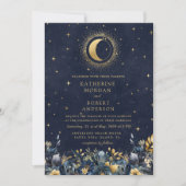 Invitation Céleste Floral Blue Stars Moon Mariage (Devant)