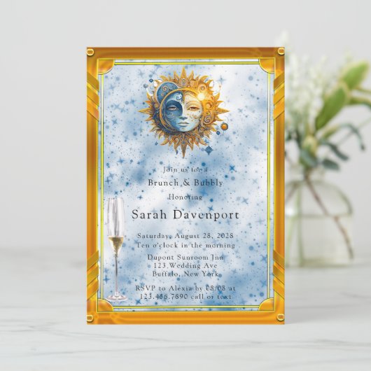 Invitation Céleste Jaune Bleu Soleil Lune Brunch & Bubbly (Debout devant)