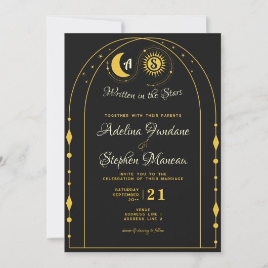 Invitation Céleste Lune d'or noir Sun Crest RSVP QR Code (Devant)