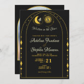 Invitation Céleste Lune d'or noir Sun Crest RSVP QR Code (Devant / Derrière)