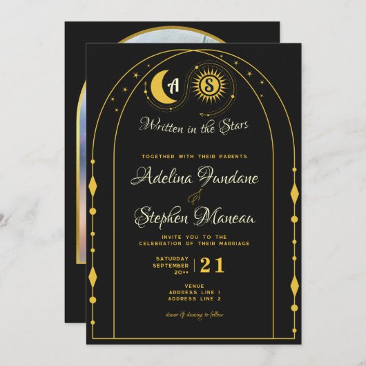 Invitation Céleste Lune d'or noir Sun Crest RSVP QR Code (Devant / Derrière)