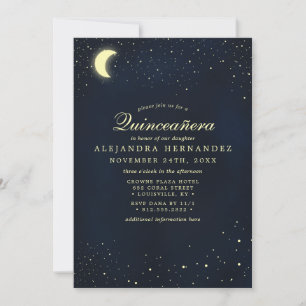 Invitation Céleste Lune Étoiles Bleu Minuit Quinceañera
