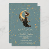 Invitation Céleste Lune Fille Étoiles Mint Green Fête des mar (Devant / Derrière)